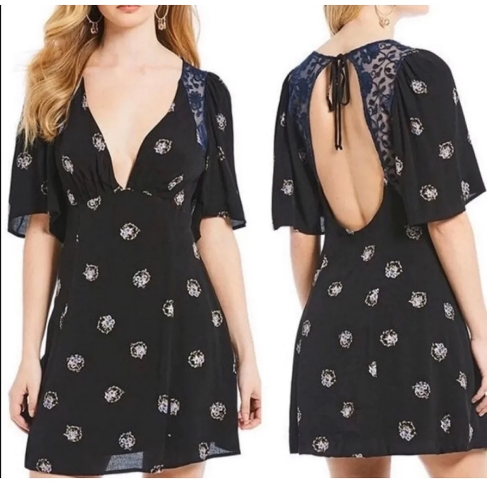 Free People Mockingbird Floral Print Backless Mini Dress- Black Comb
